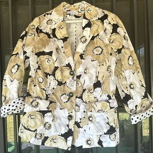 JOAN RIVERS JACKET BLAZER FLOREL FLOWER WHITE TAN SIZE6 3/4 SLEEVE POCKETS